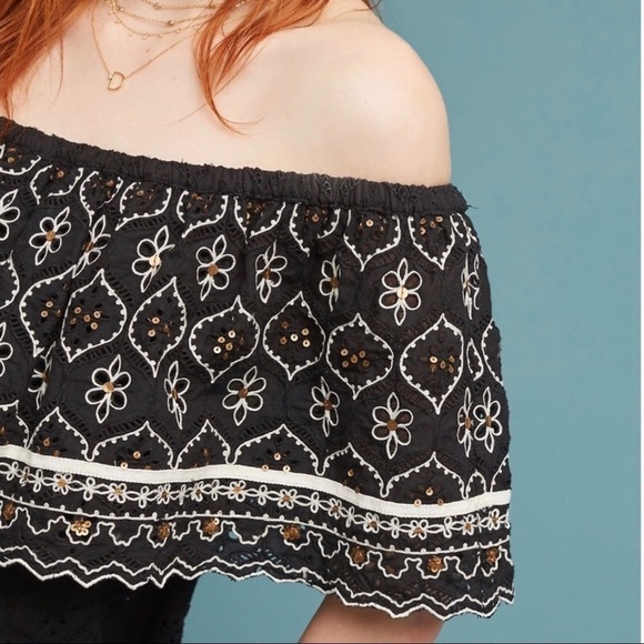Hemant & Nandita Anthropologie Marva Off Shoulder Black Embroidered Top XS - Picture 4 of 14